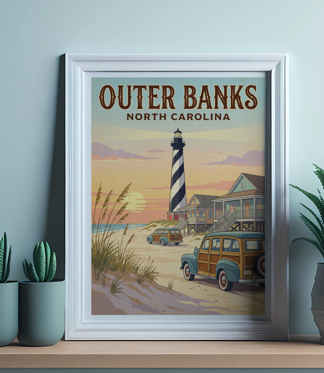 Outer Banks North Carolina vintage travel poster art with lighthouse and cars.