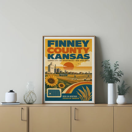 Finney County Kansas poster with sunflower, wheat, and cityscape.