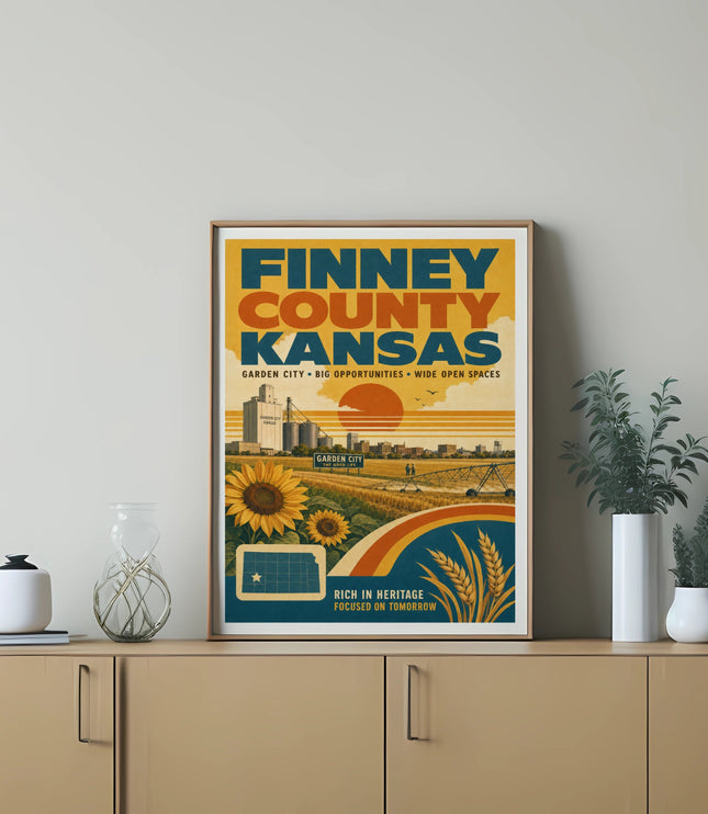 Finney County Kansas poster with sunflower, wheat, and cityscape.