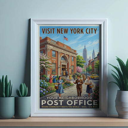 Visit New York City vintage poster of Washington Square Post Office with people.