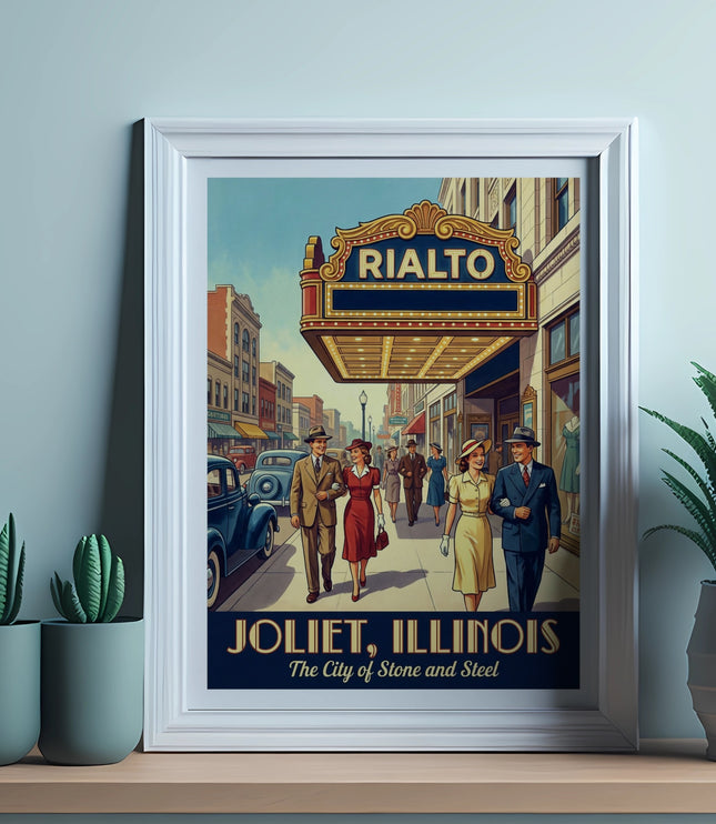 Framed print of Rialto, Joliet, Illinois, the City of Stone and Steel.