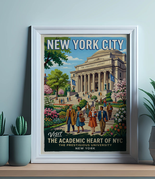 Vintage travel poster for New York City showcasing the University Library and students.