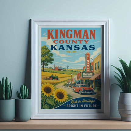 Vintage poster of Kingman County, Kansas, featuring a retro car and farm scene.