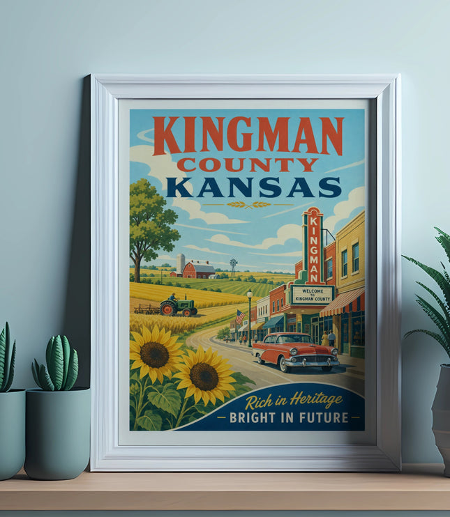 Vintage poster of Kingman County, Kansas, featuring a retro car and farm scene.
