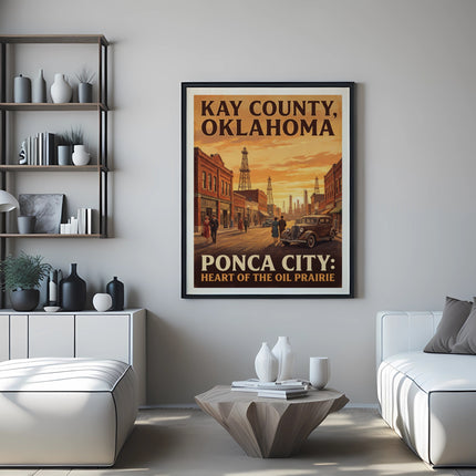 Vintage poster of Kay County, Oklahoma, depicting Ponca City's oil derricks and street scene.