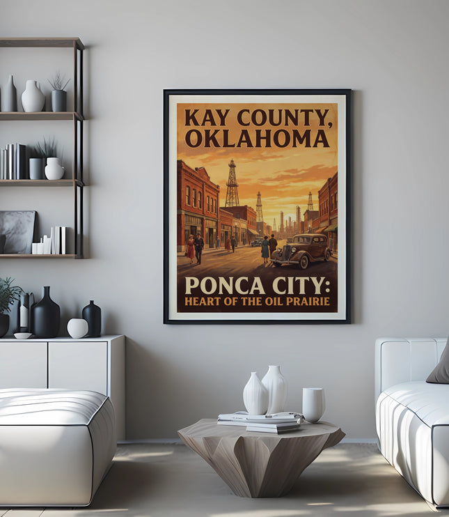 Vintage poster of Kay County, Oklahoma, depicting Ponca City's oil derricks and street scene.