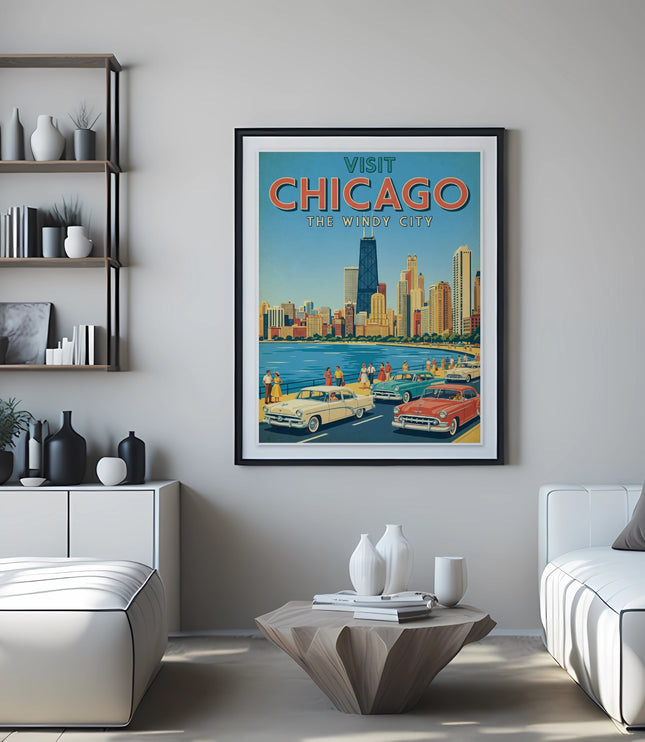 Vintage travel poster of Chicago with city skyline and cars.