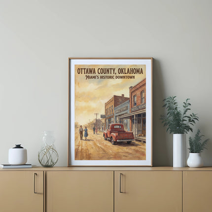 Vintage painting of Miami's historic downtown Ottawa County, Oklahoma with red truck.