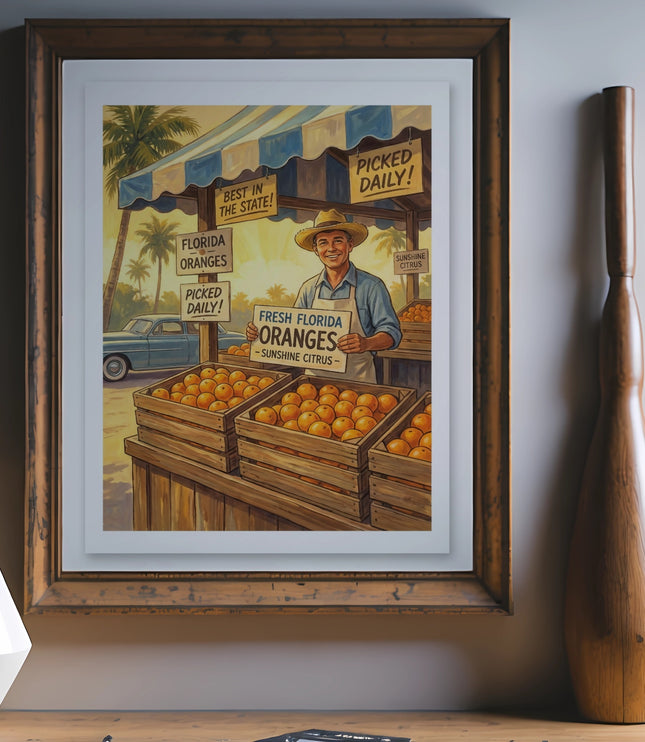Framed art print of a man selling fresh Florida oranges from a roadside stand.