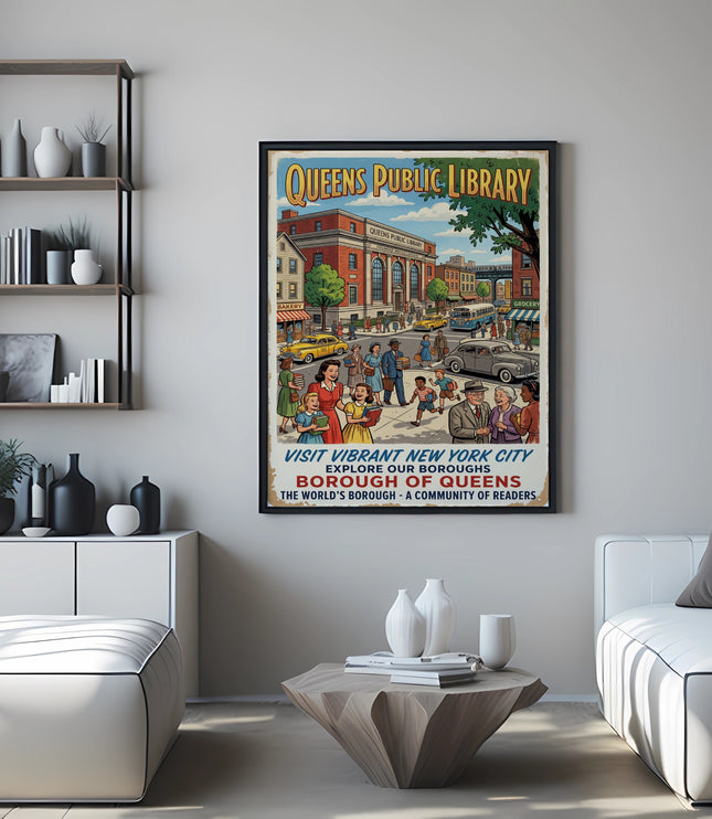 Vintage Queens Public Library poster depicting library, street, and people.
