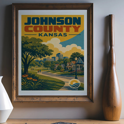 Vintage Johnson County, Kansas travel poster with cityscape and green park.