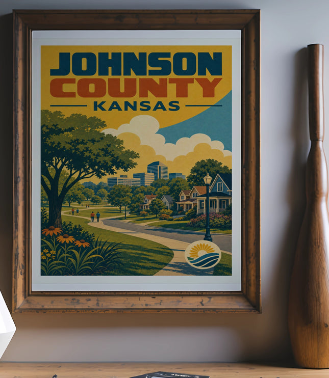 Vintage Johnson County, Kansas travel poster with cityscape and green park.