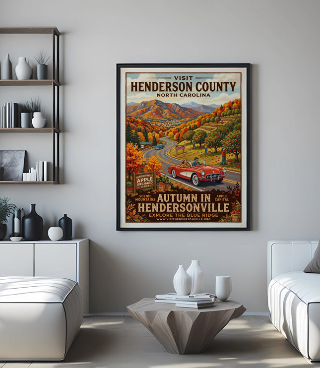 Retro travel poster for Henderson County, North Carolina, featuring autumn scenes.