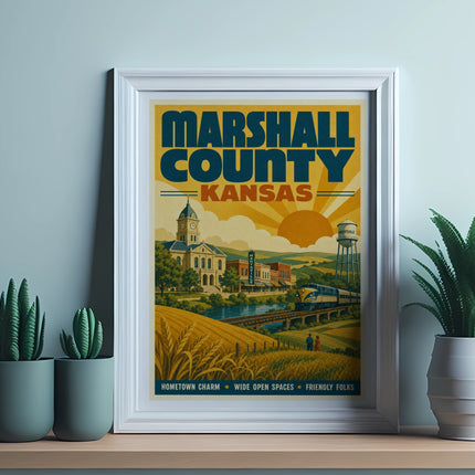 Marshall County Kansas vintage travel poster with text and desert plants.