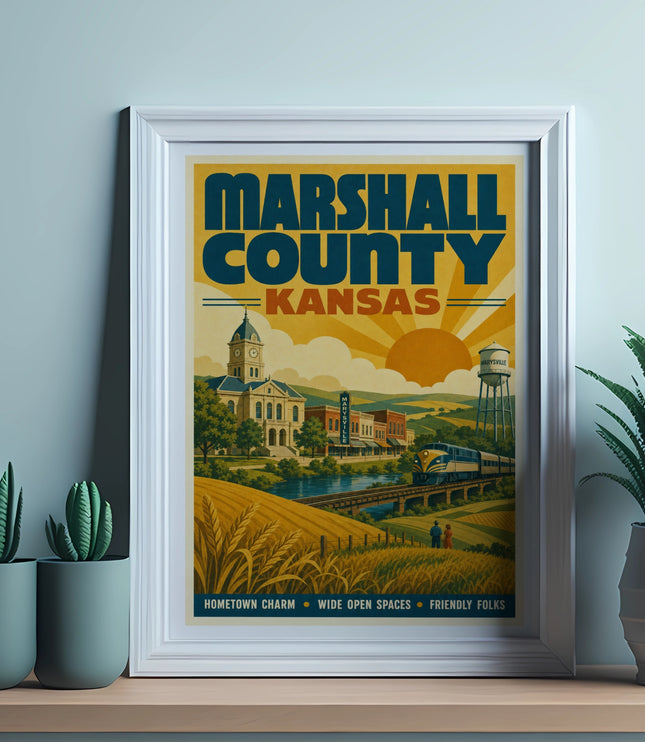 Marshall County Kansas vintage travel poster with text and desert plants.