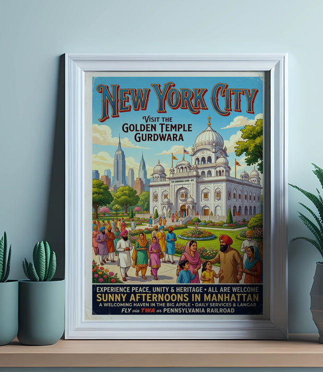 New York City poster visiting the Golden Temple Gurdwara with diverse people.