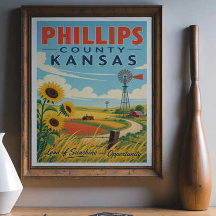 Phillips County Kansas travel poster with sunflowers, windmill, and farmland.