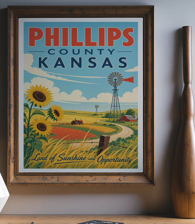 Phillips County Kansas travel poster with sunflowers, windmill, and farmland.