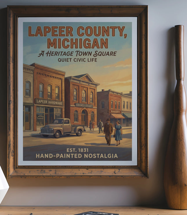 Framed poster of Lapeer County, Michigan, heritage town square with vintage truck and people.