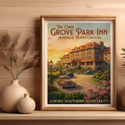 Poster of The Omni Grove Park Inn, Asheville, North Carolina, with cars and flowers.
