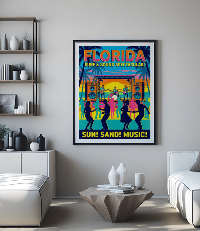 Florida Surf & Sound Spectacular poster with band on stage and dancing silhouettes.
