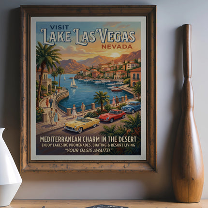 Lake Las Vegas Nevada poster featuring Mediterranean charm, promenade, boating, and resort living.