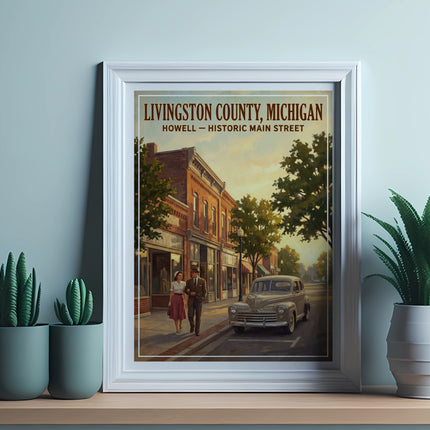Livingston County, Michigan Howell Historic Main Street vintage poster with couple and car.