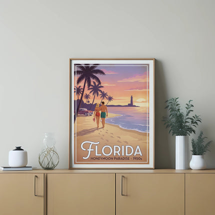Florida honeymoon poster with couple walking on beach at sunset
