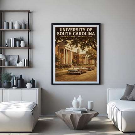 Vintage poster of University of South Carolina buildings and cars.