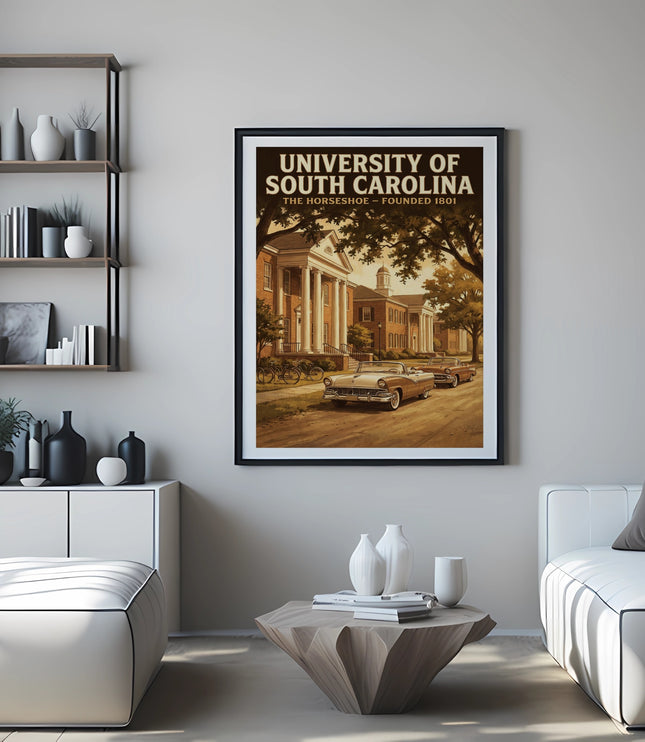Vintage poster of University of South Carolina buildings and cars.