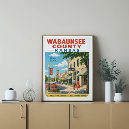 Wabaunsee County Kansas vintage poster featuring Alma street scene with bank and people.