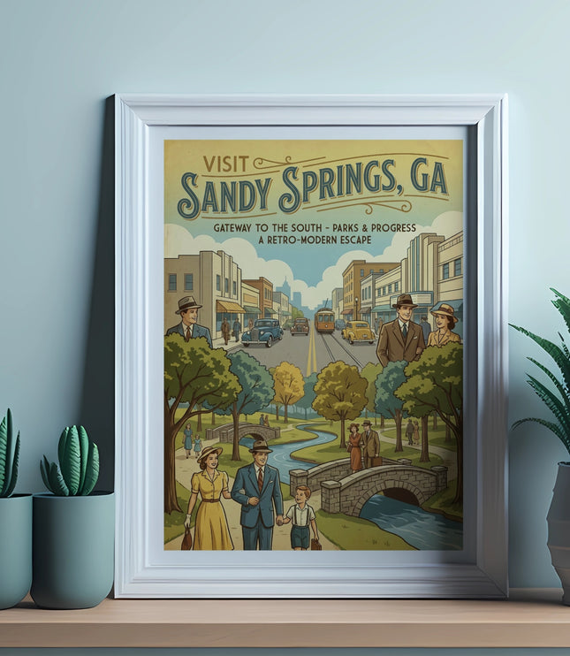 Framed poster advertising Sandy Springs, GA with a retro scene of a town and park.