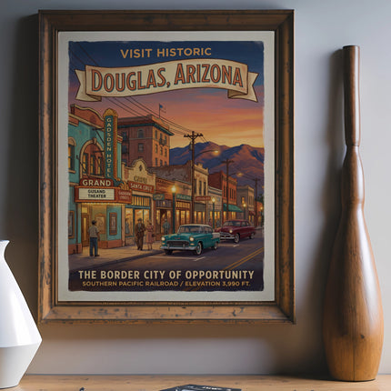 Vintage travel poster of Douglas, Arizona, featuring historic buildings and cars.