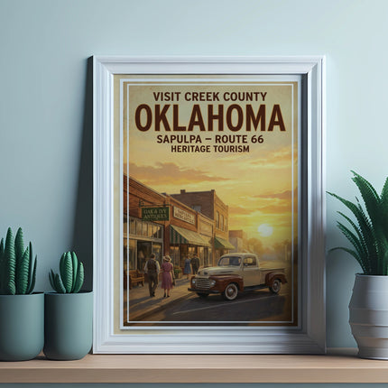 Vintage poster of Sapulpa, Oklahoma on Route 66 with a classic truck.
