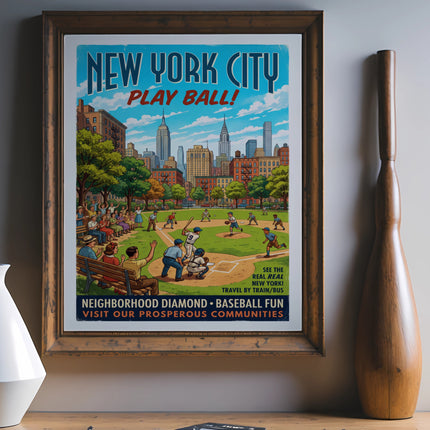 New York City baseball poster, vintage style, featuring a game and skyline.