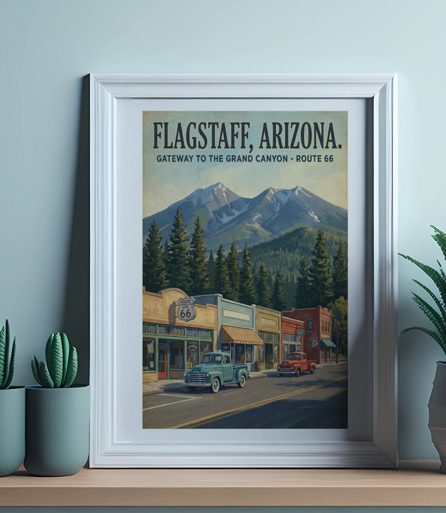 Flagstaff, Arizona vintage travel poster with mountains, Route 66 sign, and classic trucks.