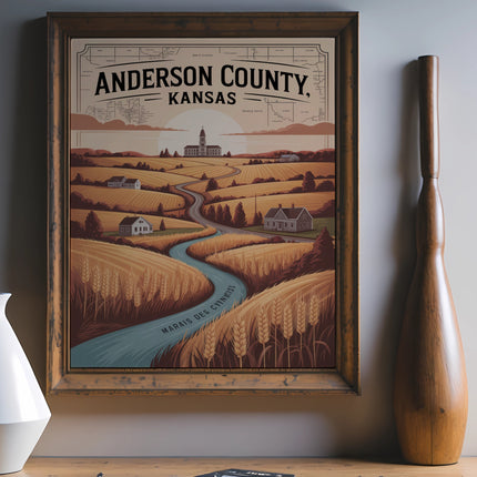 Anderson County, Kansas poster with landscape, river, and text.