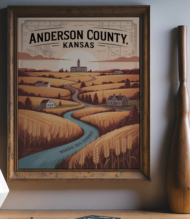 Anderson County, Kansas poster with landscape, river, and text.