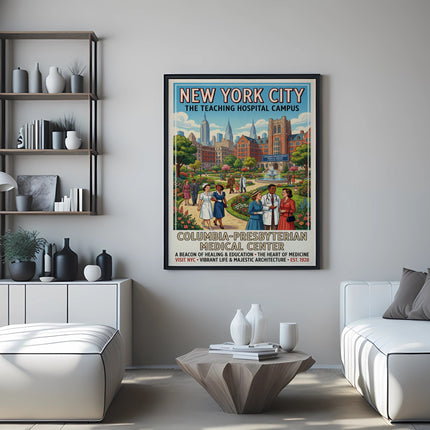 New York City Columbia-Presbyterian Medical Center vintage poster with campus illustration.