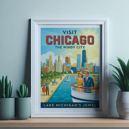 Vintage "Visit Chicago The Windy City" travel poster with couple on boat.