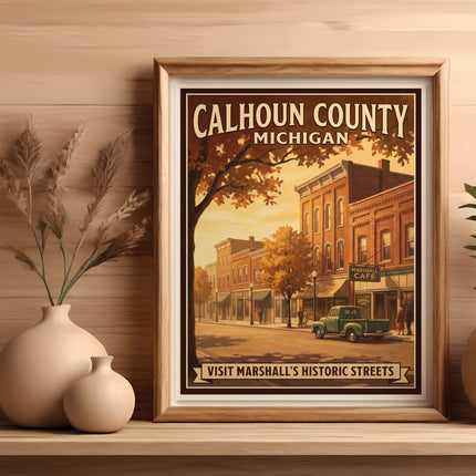 Calhoun County, Michigan art print featuring Marshall's historic streets and a vintage truck.