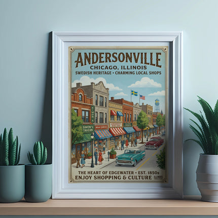 Andersonville Chicago, Illinois poster with shops, cars, and people.
