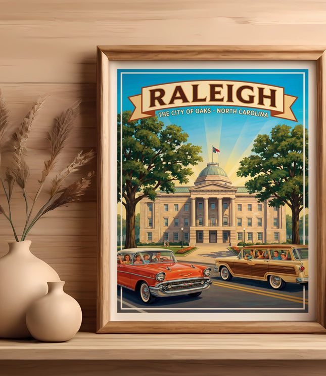 Raleigh print with vintage cars and state capitol building.