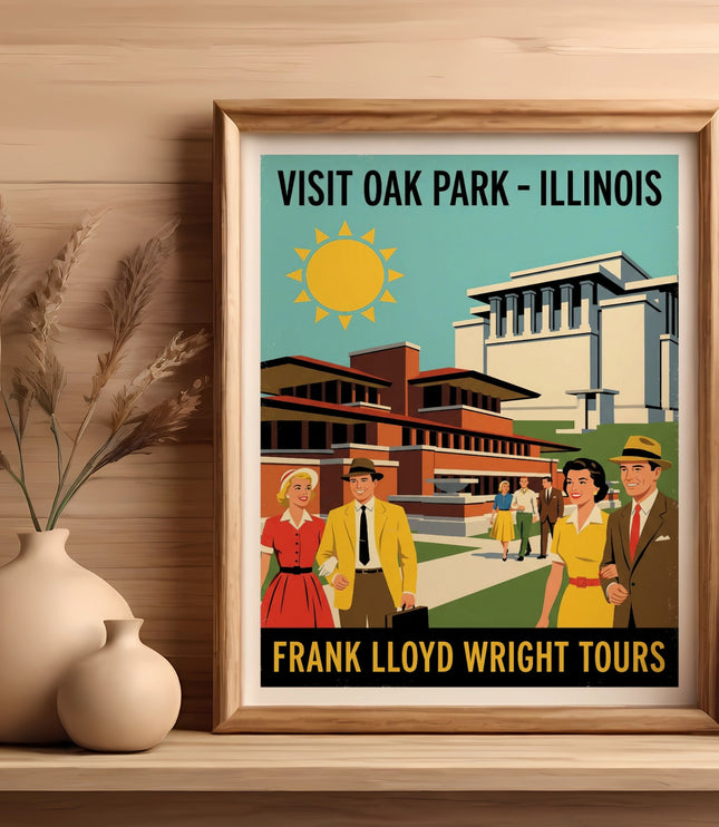 Visit Oak Park, Illinois Frank Lloyd Wright Tours vintage poster with couples.