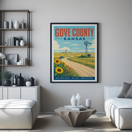 Gove County Kansas poster featuring sunflowers and a scenic rural landscape.
