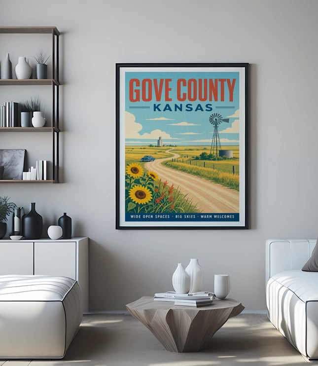 Gove County Kansas poster featuring sunflowers and a scenic rural landscape.