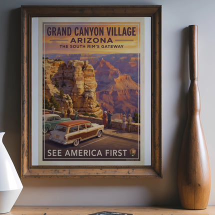 Grand Canyon Village Arizona poster with vintage cars and people viewing the canyon.