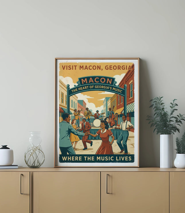 Visit Macon, Georgia poster depicting a band playing and people dancing in a street.