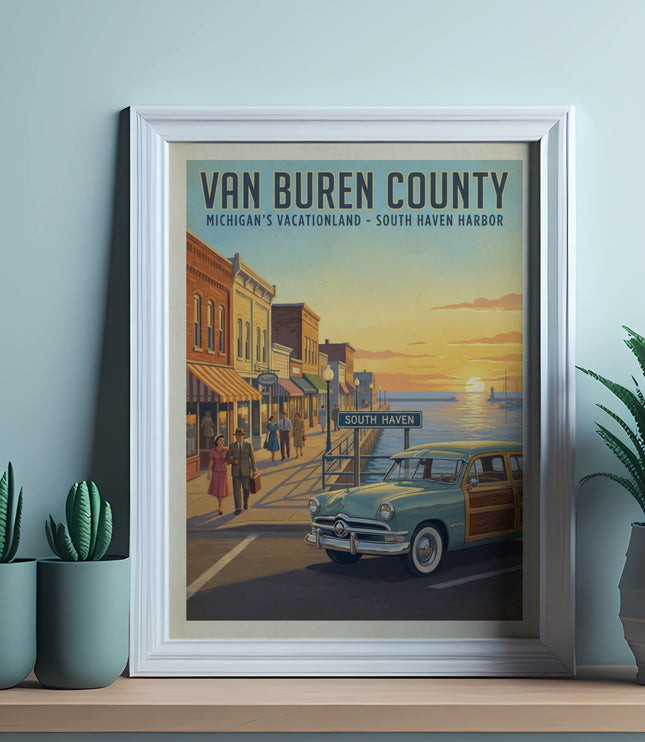Vintage poster of Van Buren County, Michigan, with a classic car and harbor scene.