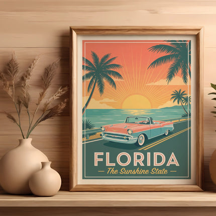 Vintage Florida travel poster with sunset, palm trees, and convertible.